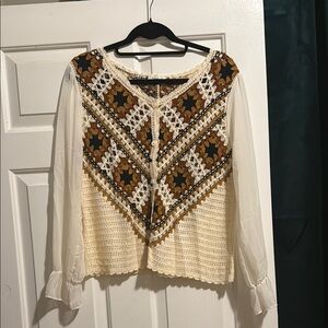 Bohemian Crochet Lace Top - Cream and Brown